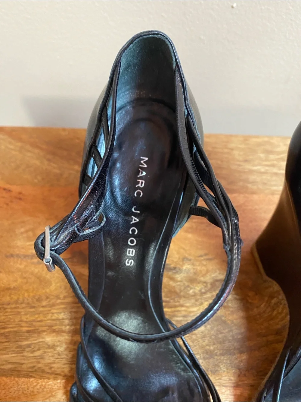 VTG Y2K Marc Jacobs Black Leather Wedge Shoes Ankle Strap